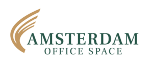 Amsterdam Office Space Logo - green lettering with the words Amsterdam Office Space on a white background with a gold bend on the left side